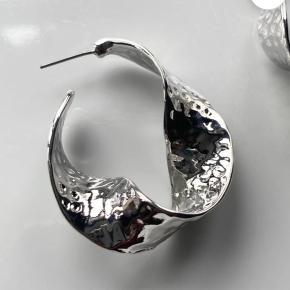 New Silver Hammered Statement Hoop Earrings | Bold Curved Design - Picture 4 of 6
